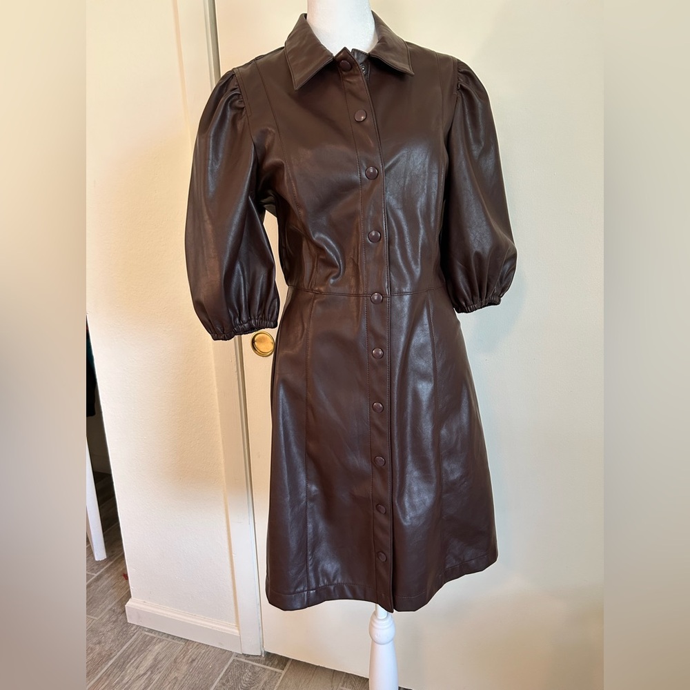 Lucy Paris Plum Vegan Leather Dress with Puff Sleeves and Modern Silhouette
